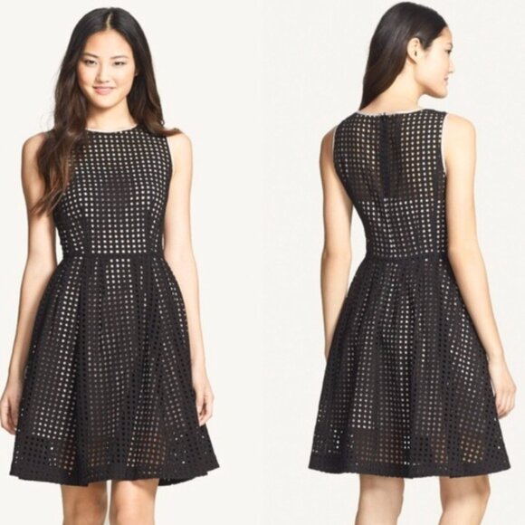 Halogen Black Prism Laser Cut Eyelet Fit Flare Sleeveless Midi Dress Size 14 - Picture 1 of 7